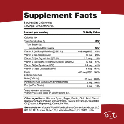 Dr. T Kids Multivitamin Gummies – Daily Vitamins for Kids Ages 2+, with A, C, D, E, B & Folic Acid – Supports Bone Strength, Immunity & Overall Health - Maple Wellness Supplements