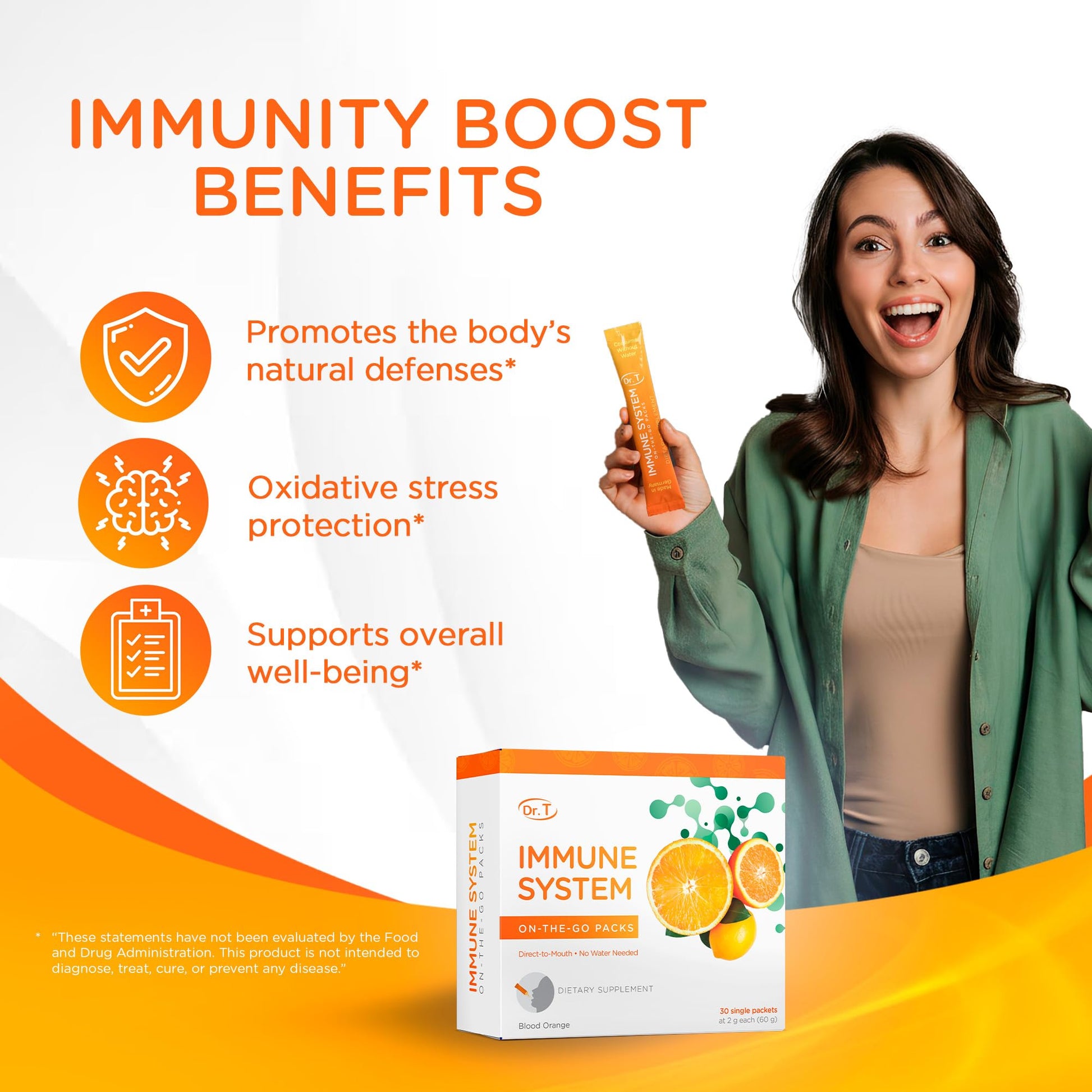 Dr. T On-the-go Packs – Immune System Formula – No Water Needed, Direct-to-Mouth – with Vitamins C, E, Zinc & Selenium – Supports Daily Wellness, Vitality & Overall Health – Orange, 30 Packs - Maple Wellness Supplements