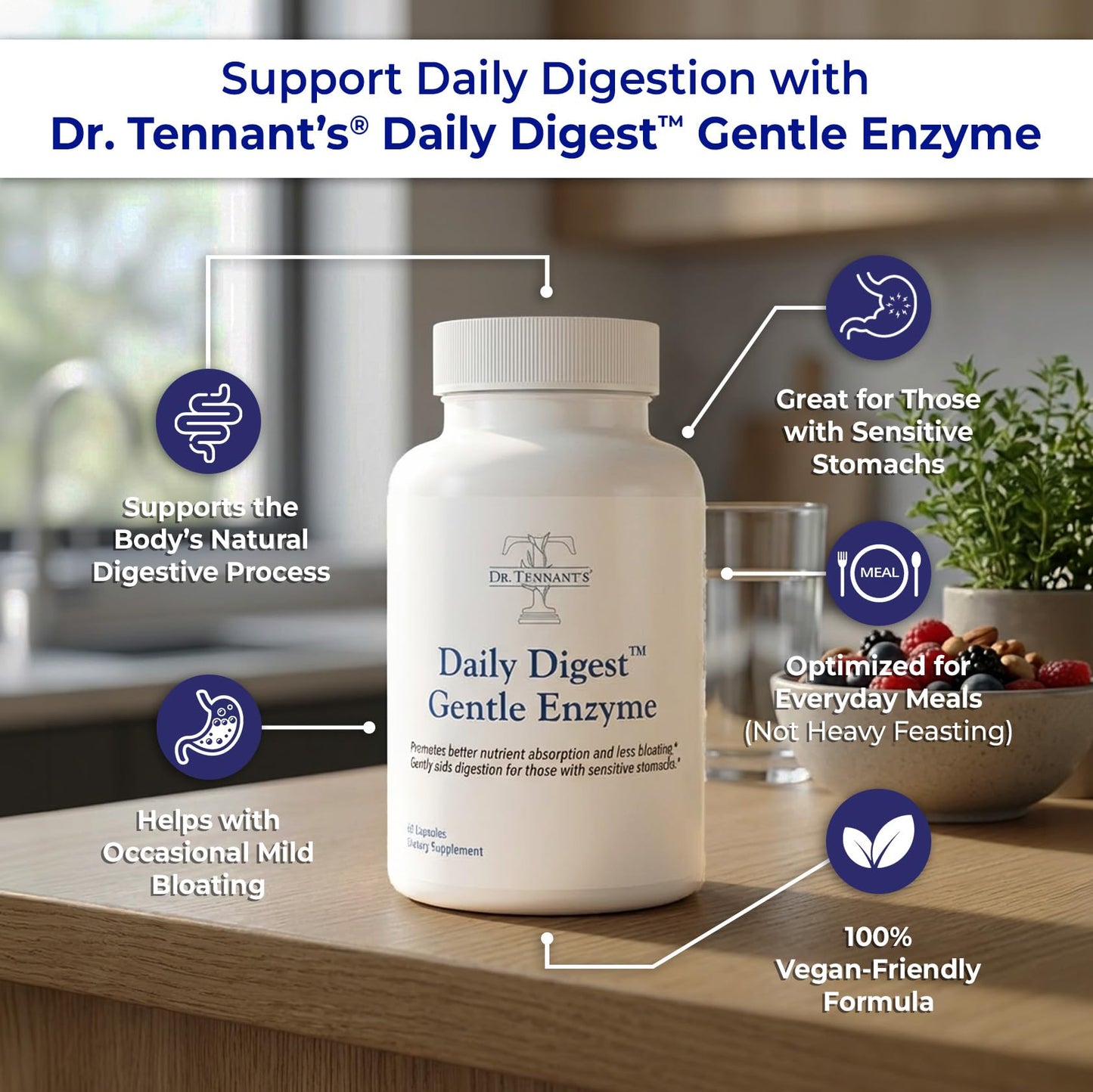 Dr. Tennant's Digestive Enzymes with Bromelain, Papain and Lipase - Bloating Relief and Gas Support for Sensitive Stomachs, Vegan, 27-Enzyme Blend, - Maple Wellness Supplements