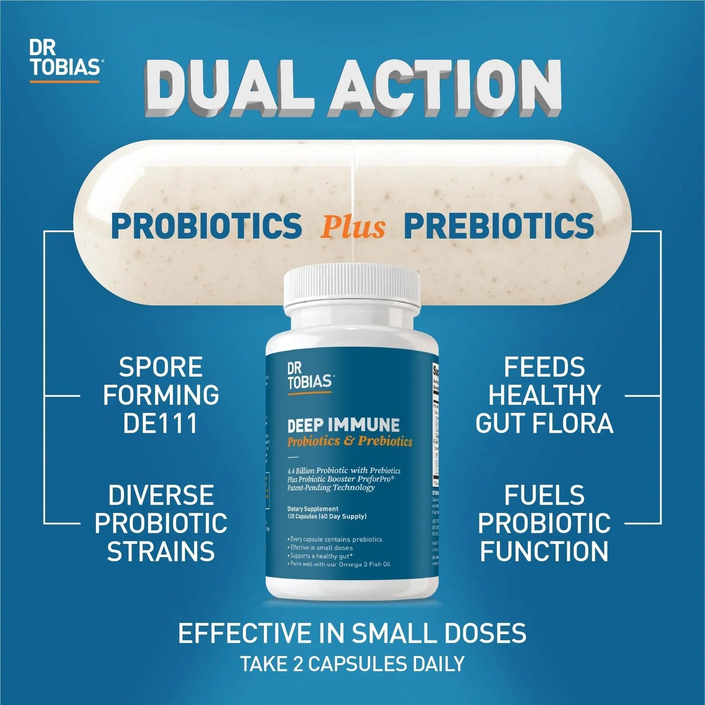 Dr. Tobias Deep Immune Probiotics & Prebiotics - Dual Action Digestion & Immune Support with PreforPro Prebiotics & Spore Forming Probiotics for Women & Men - 120 Capsules (60 Servings) - Maple Wellness Supplements