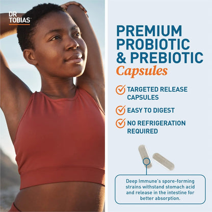 Dr. Tobias Deep Immune Probiotics & Prebiotics - Dual Action Digestion & Immune Support with PreforPro Prebiotics & Spore Forming Probiotics for Women & Men - 120 Capsules (60 Servings) - Maple Wellness Supplements