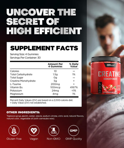 Dralot 99.99% Creatine Monohydrate Gummies More 15% Strength, 5X Energy & Muscle Support Pre-Workout Complex Creatine for Women & Men with 5000mg Creatine, L-Taurine, B12, Mg & K, 0 Sugar, Vegan - Maple Wellness Supplements