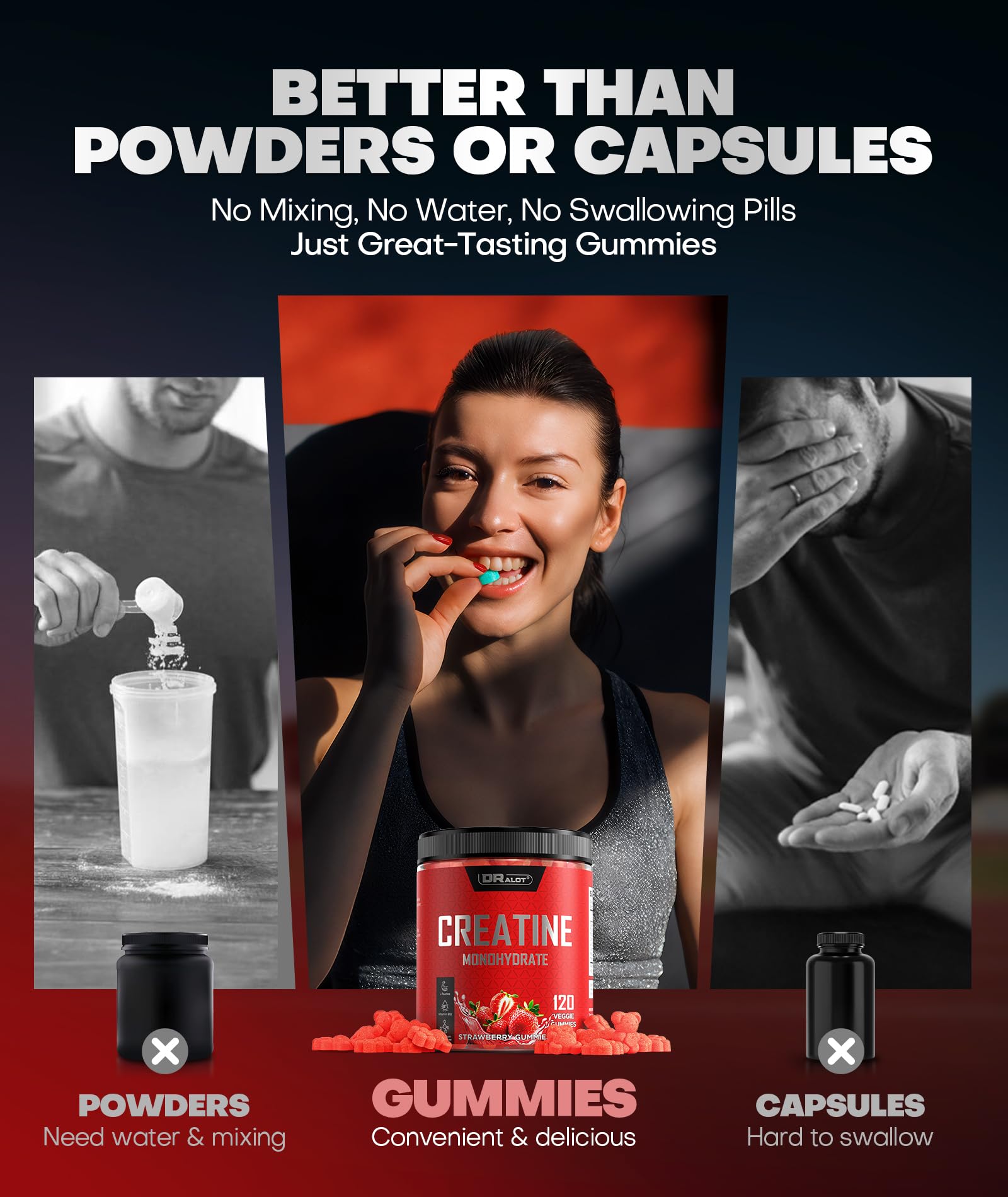 Dralot 99.99% Creatine Monohydrate Gummies More 15% Strength, 5X Energy & Muscle Support Pre-Workout Complex Creatine for Women & Men with 5000mg Creatine, L-Taurine, B12, Mg & K, 0 Sugar, Vegan - Maple Wellness Supplements
