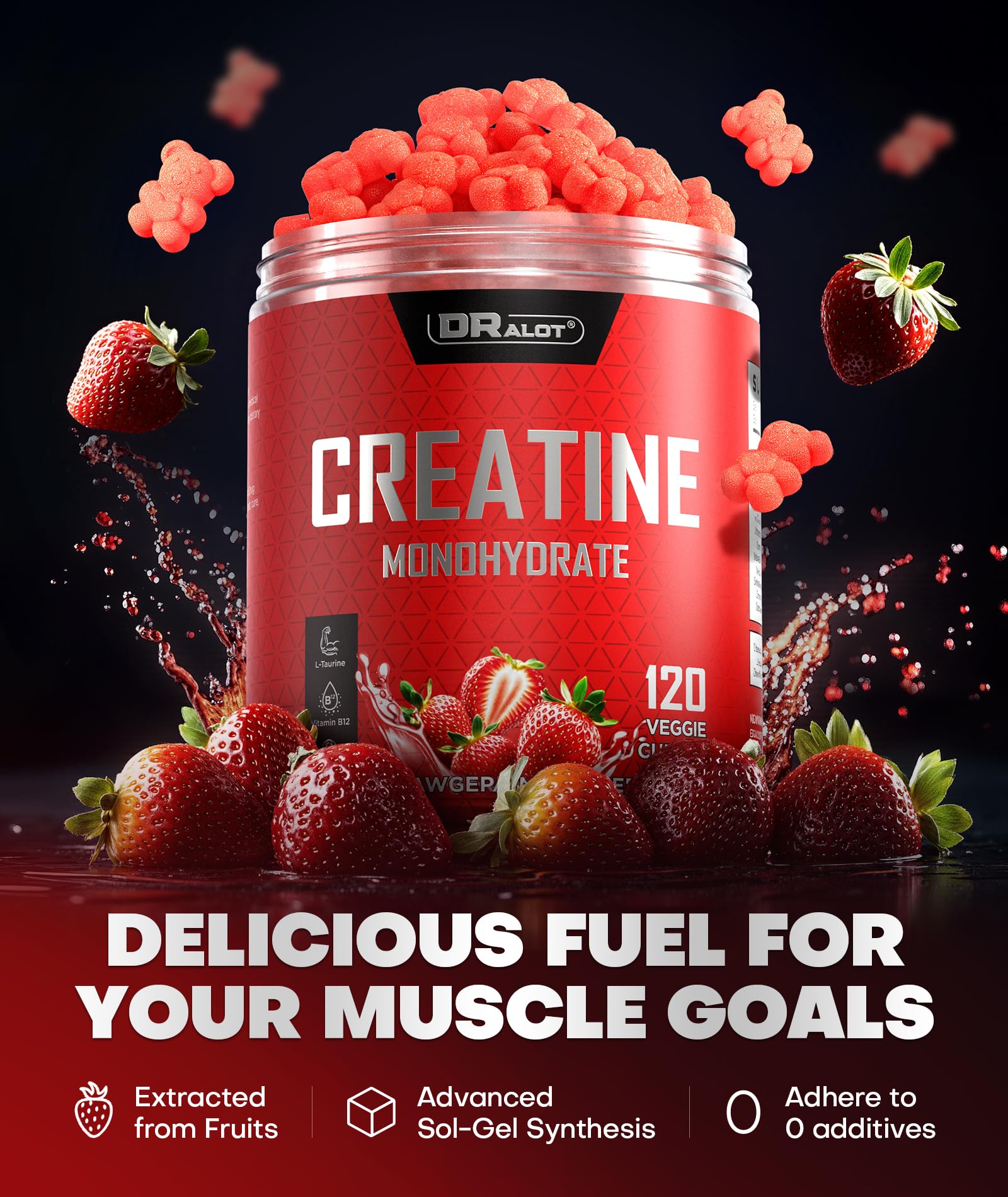 Dralot 99.99% Creatine Monohydrate Gummies More 15% Strength, 5X Energy & Muscle Support Pre-Workout Complex Creatine for Women & Men with 5000mg Creatine, L-Taurine, B12, Mg & K, 0 Sugar, Vegan - Maple Wellness Supplements