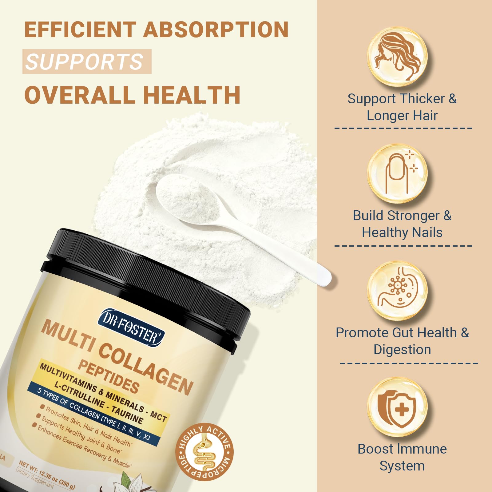 DRFOSTER Vanilla Collagen Peptides Powder for Women & Men, Multi Type I II III V X Collagen with multivitamins & Minerals for Skin, Hair & Nails & Joints, Non-GMO, 35 Servings - Maple Wellness Supplements