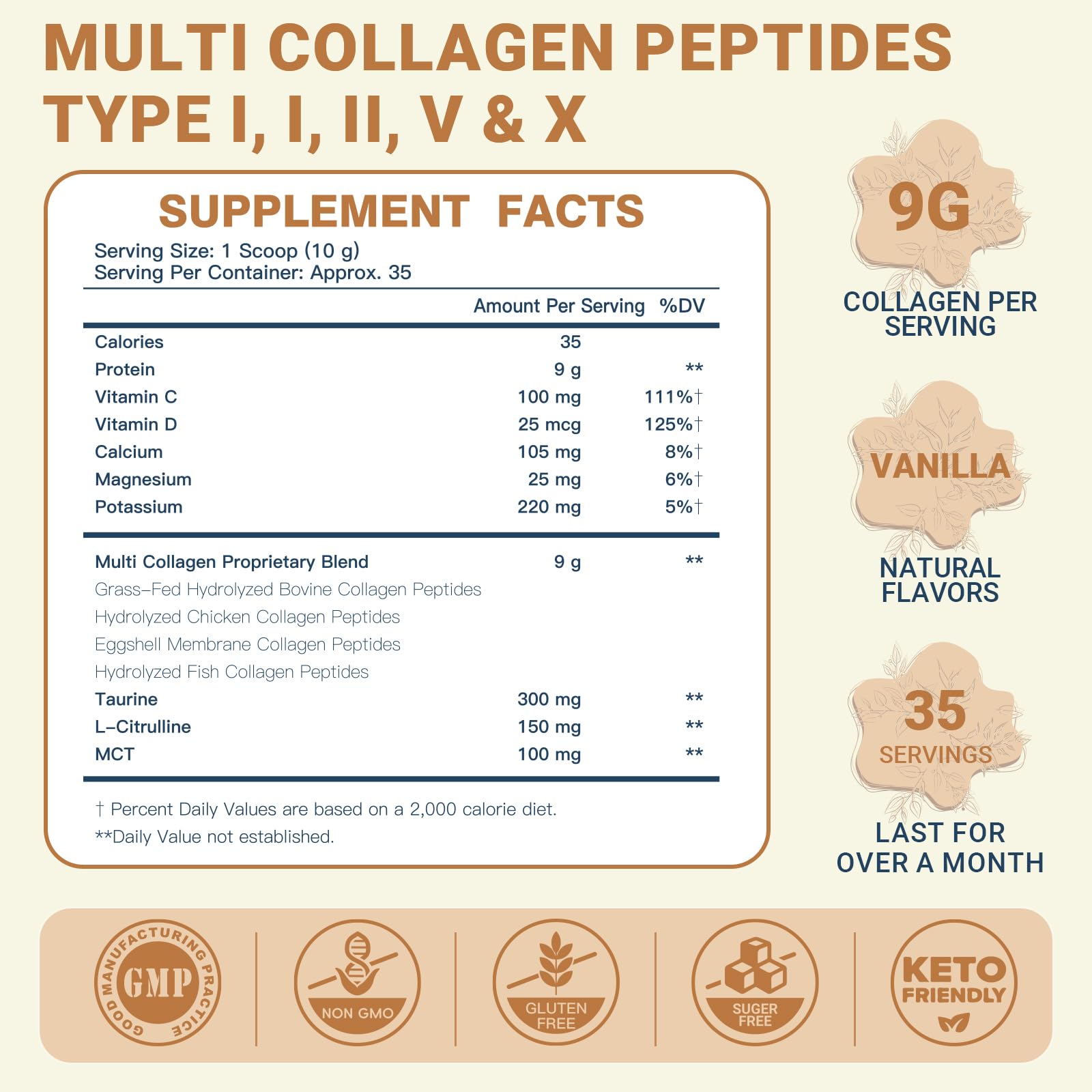 DRFOSTER Vanilla Collagen Peptides Powder for Women & Men, Multi Type I II III V X Collagen with multivitamins & Minerals for Skin, Hair & Nails & Joints, Non-GMO, 35 Servings - Maple Wellness Supplements