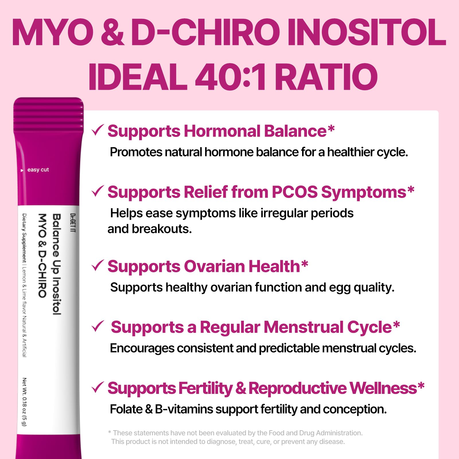 Dr.GET IT Balance Up Inositol 40:1 Myo & D-Chiro with Folate & Choline – Hormone Balance & Reproductive Health Support for Women – Lemon Lime Stick Powder, 30 Servings - Maple Wellness Supplements