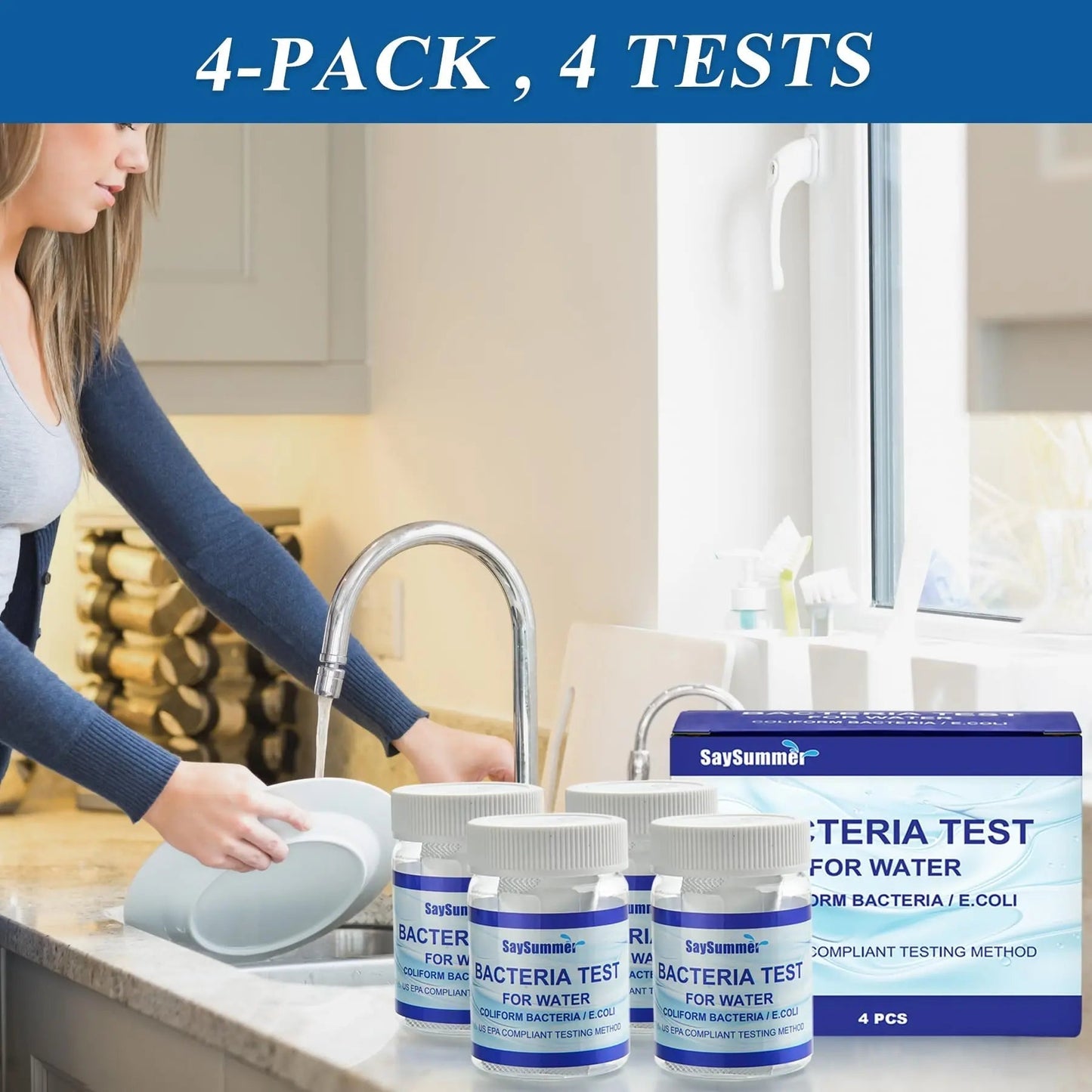 Drinking Water Bacteria Test Kit: 4 Tests Detecting Coliform E coli Bacteria - at Home Well Water Testing Kits for Drinking Water Pool Hot Tub Aquarium and More - Maple Wellness Supplements
