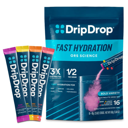 DripDrop Hydration Packets - Bold Variety Pack - Single Serve Electrolytes Powder Drink Mix - Watermelon, Berry, Lemon, Orange - Maple Wellness Supplements