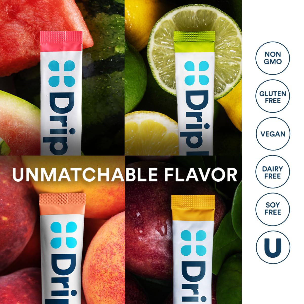 DripDrop Sugar Free Hydration Packets - Zero Classic Variety Pack - Single Serve Electrolytes Powder Drink Mix - Lemon Lime, Watermelon, Peach, Passion Fruit - Maple Wellness Supplements