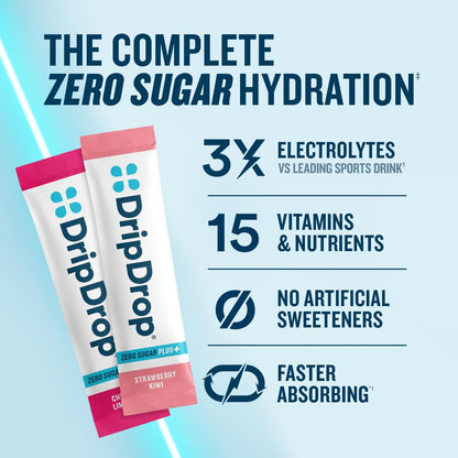DripDrop Zero Sugar Plus - Sugar Free Hydration Packets - Single Serve Electrolytes Powder Drink Mix - Strawberry Kiwi, Peach, Cherry Limeade, Wild Berry - Maple Wellness Supplements