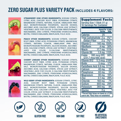 DripDrop Zero Sugar Plus - Sugar Free Hydration Packets - Single Serve Electrolytes Powder Drink Mix - Strawberry Kiwi, Peach, Cherry Limeade, Wild Berry - Maple Wellness Supplements