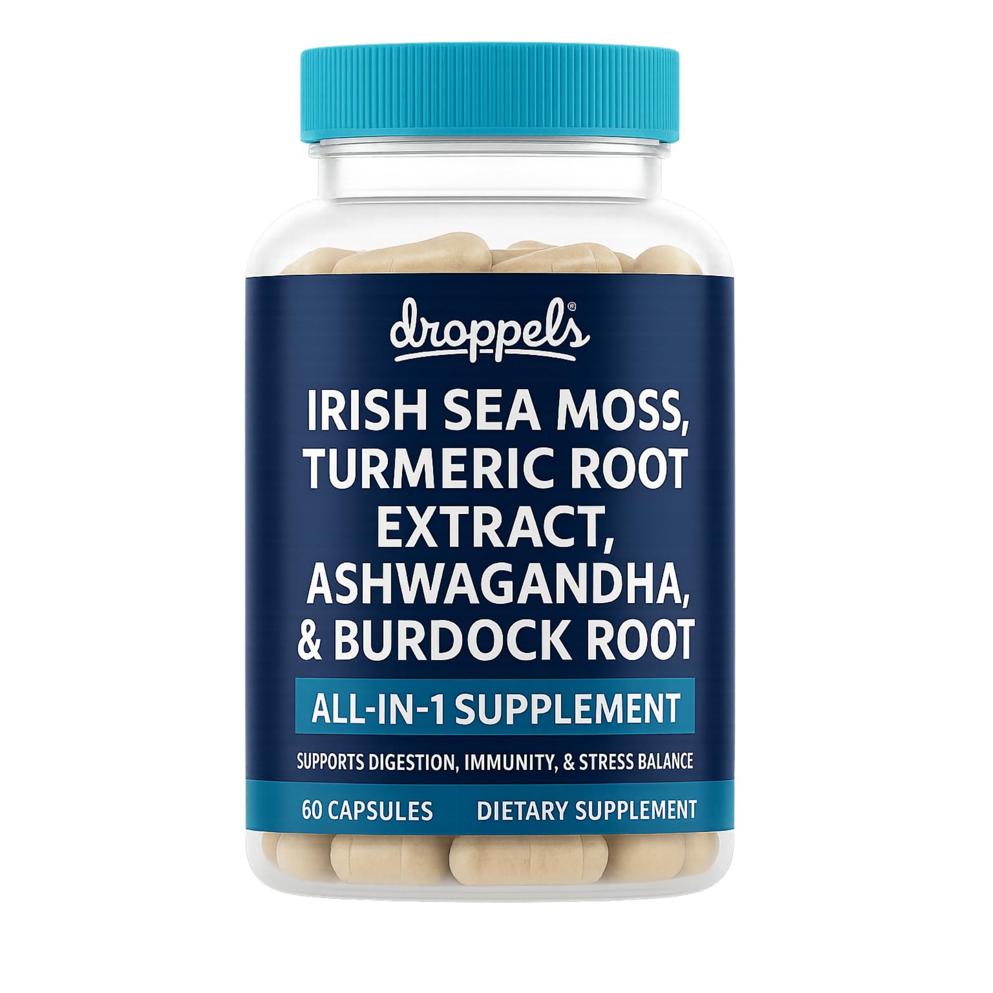 Droppels Irish Sea Moss Capsules with Turmeric Root, Ashwagandha, Black Pepper & Burdock Root – Natural Mineral Blend for Immune, Digestion, Joint & Energy Support – Vegan, Non-GMO – 60 Capsules - Maple Wellness Supplements