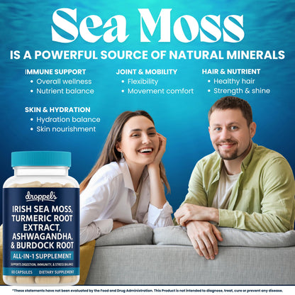 Droppels Irish Sea Moss Capsules with Turmeric Root, Ashwagandha, Black Pepper & Burdock Root – Natural Mineral Blend for Immune, Digestion, Joint & Energy Support – Vegan, Non-GMO – 60 Capsules - Maple Wellness Supplements