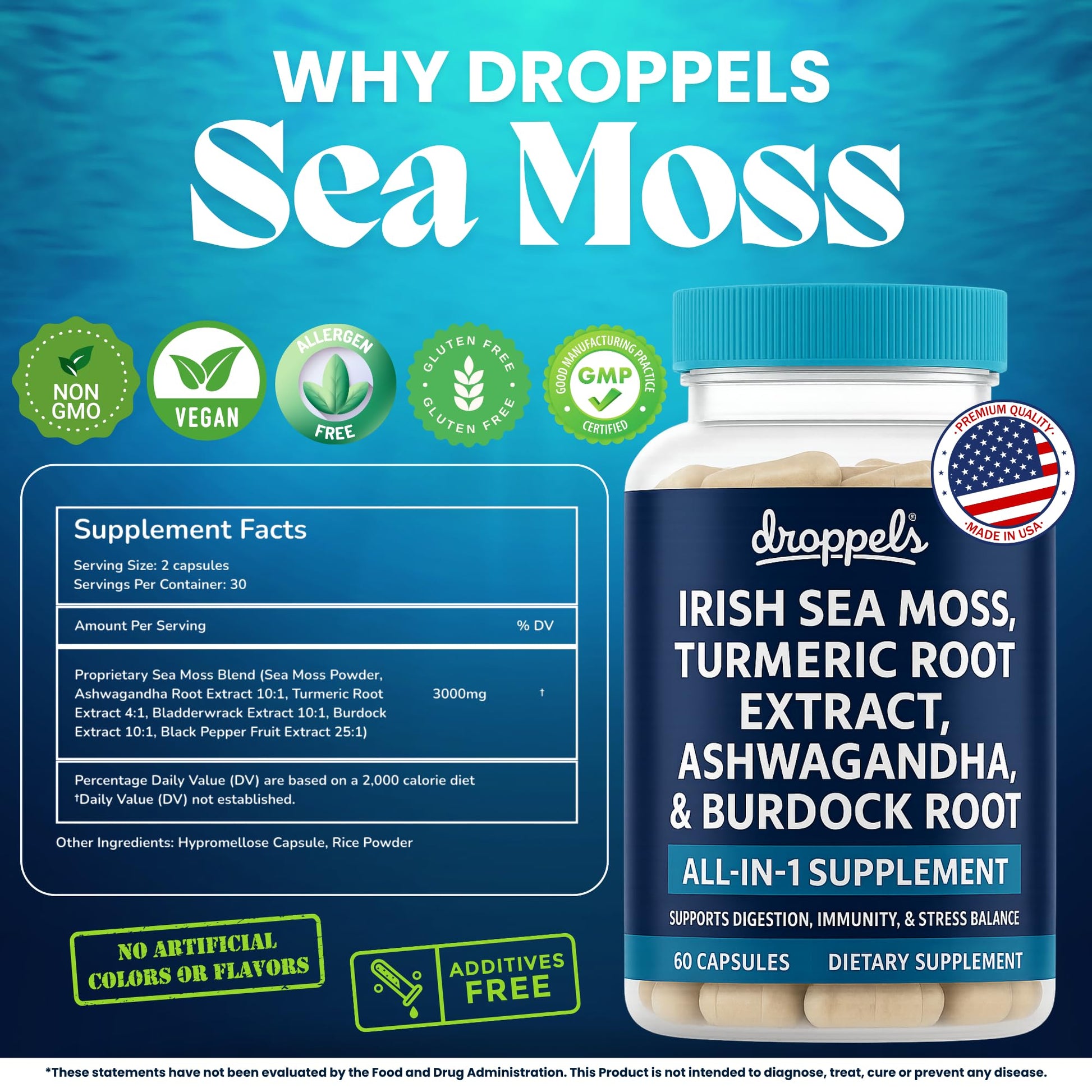 Droppels Irish Sea Moss Capsules with Turmeric Root, Ashwagandha, Black Pepper & Burdock Root – Natural Mineral Blend for Immune, Digestion, Joint & Energy Support – Vegan, Non-GMO – 60 Capsules - Maple Wellness Supplements