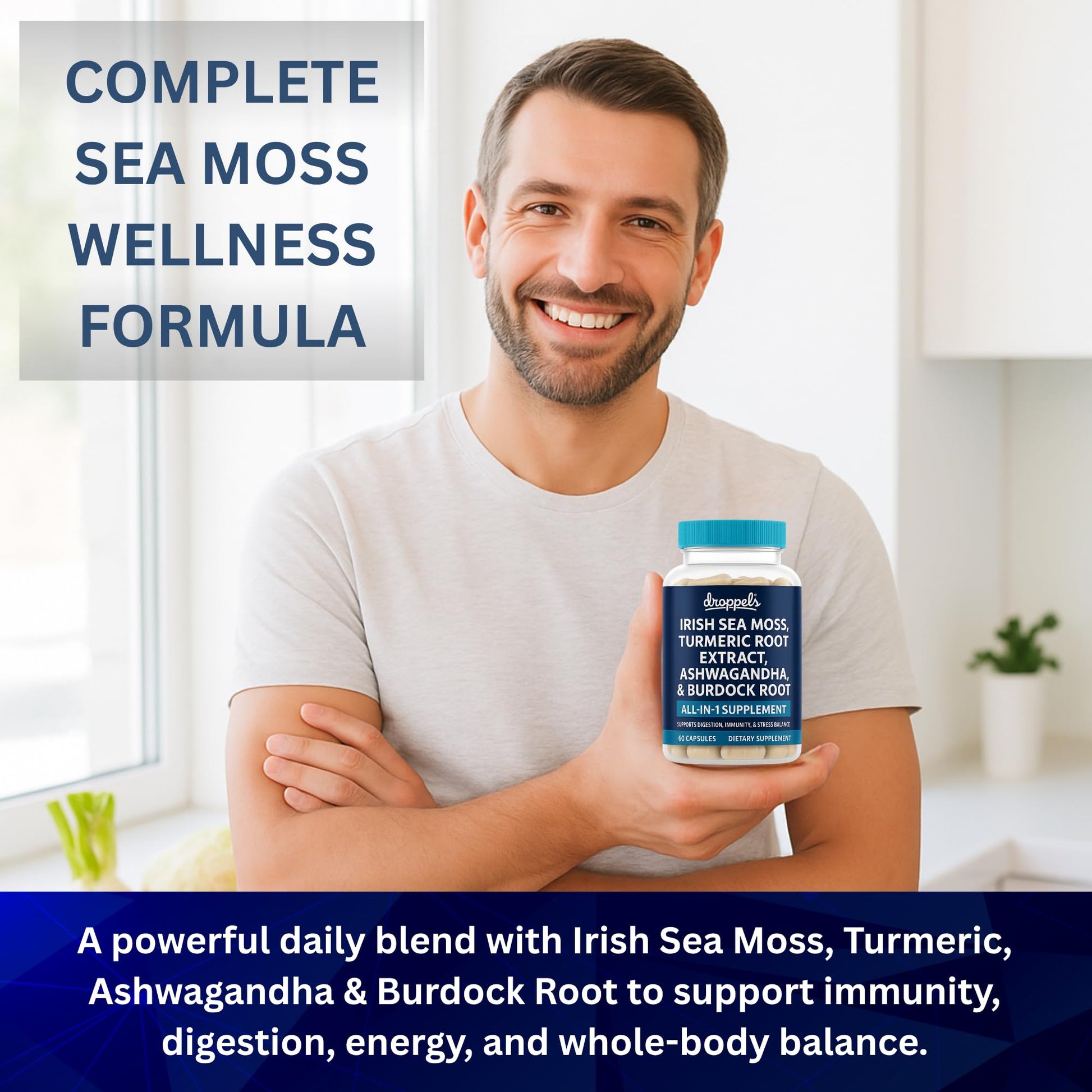 Droppels Irish Sea Moss Capsules with Turmeric Root, Ashwagandha, Black Pepper & Burdock Root – Natural Mineral Blend for Immune, Digestion, Joint & Energy Support – Vegan, Non-GMO – 60 Capsules - Maple Wellness Supplements