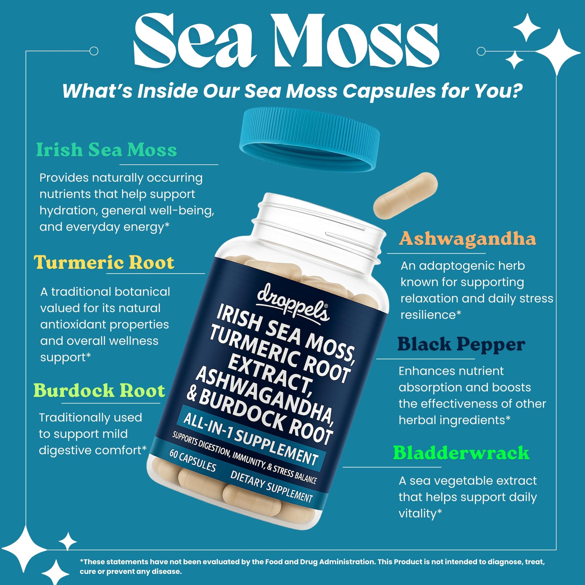 Droppels Irish Sea Moss Capsules with Turmeric Root, Ashwagandha, Black Pepper & Burdock Root – Natural Mineral Blend for Immune, Digestion, Joint & Energy Support – Vegan, Non-GMO – 60 Capsules - Maple Wellness Supplements