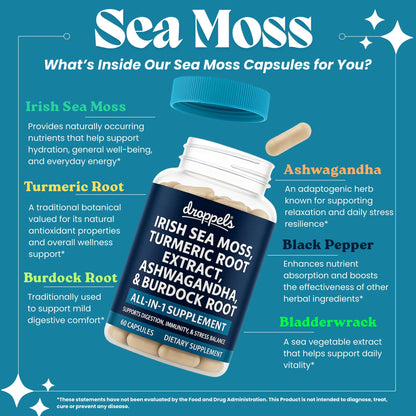 Droppels Irish Sea Moss Capsules with Turmeric Root, Ashwagandha, Black Pepper & Burdock Root – Natural Mineral Blend for Immune, Digestion, Joint & Energy Support – Vegan, Non-GMO – 60 Capsules - Maple Wellness Supplements