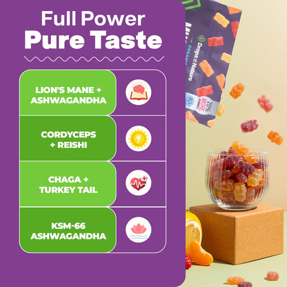 Drops Of Nature Lions Mane & Ashwagandha Gummies – Turkey Tail, Maitake, Reishi, Chaga, Shiitake, Cordyceps – Organic, Low Carb Superfood Gummies - Maple Wellness Supplements