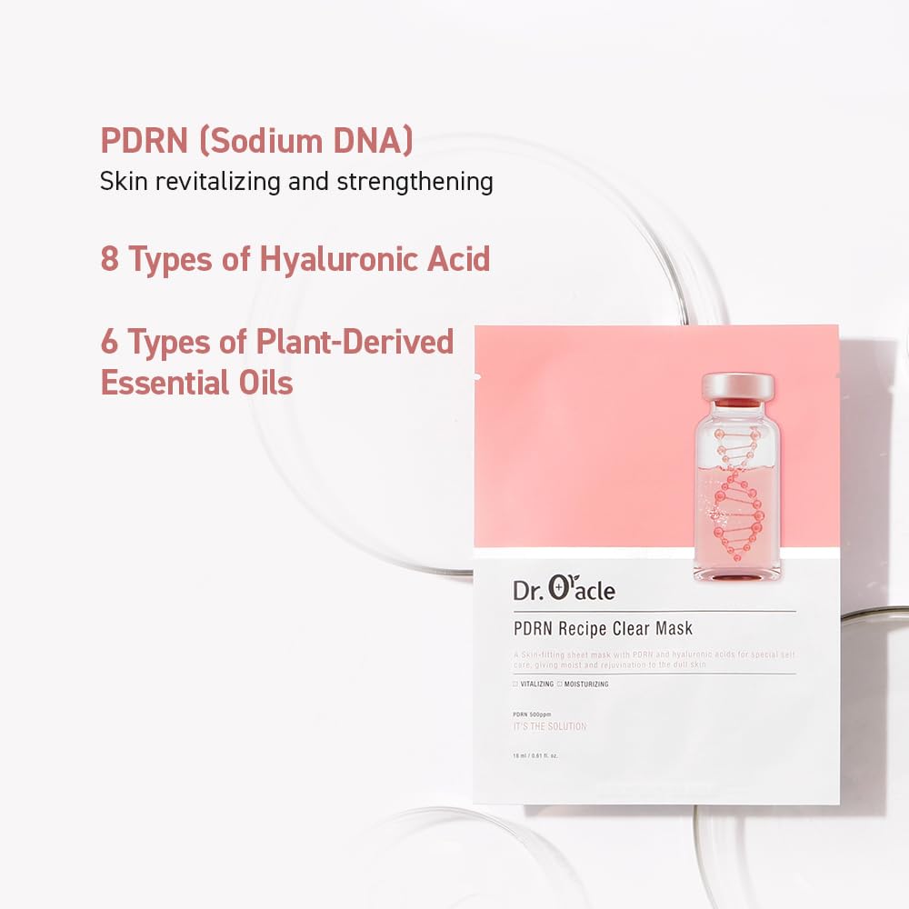 DR.ORACLE PDRN Recipe Clear Mask, Skin-fitting sheet mask PDRN, hyaluronic acid, special self care, moist, rejuvenation, vitalizing, 500ppm, 180ml (6,1 fl. oz.), 1 box - 10 sheets - Maple Wellness Supplements