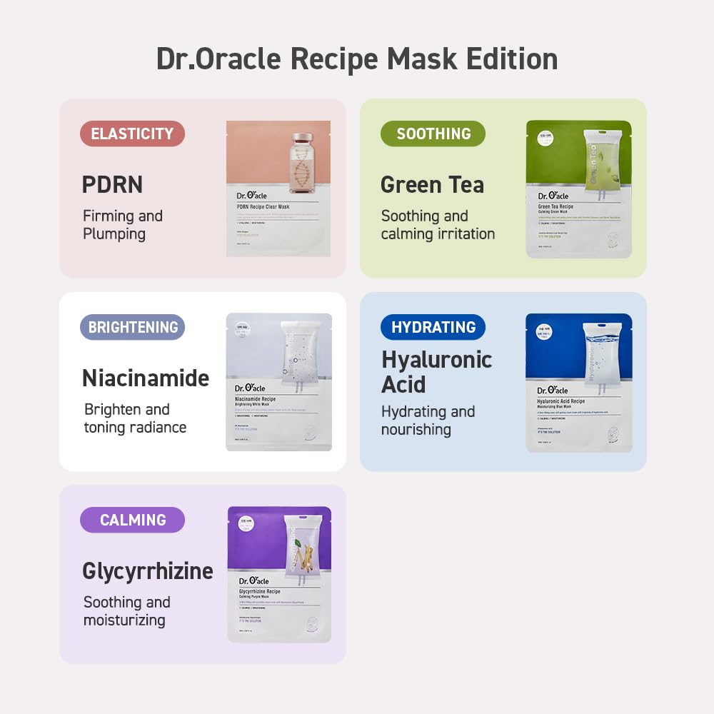 DR.ORACLE PDRN Recipe Clear Mask, Skin-fitting sheet mask PDRN, hyaluronic acid, special self care, moist, rejuvenation, vitalizing, 500ppm, 180ml (6,1 fl. oz.), 1 box - 10 sheets - Maple Wellness Supplements