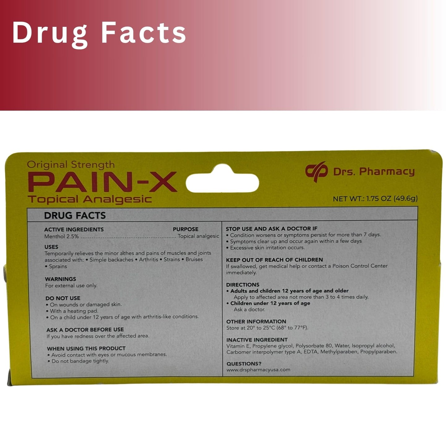 Drs. Pharmacy Pain-X Menthol Cream – Targeted Muscle & Joint Relief – 1.75 oz, Made in USA - Maple Wellness Supplements