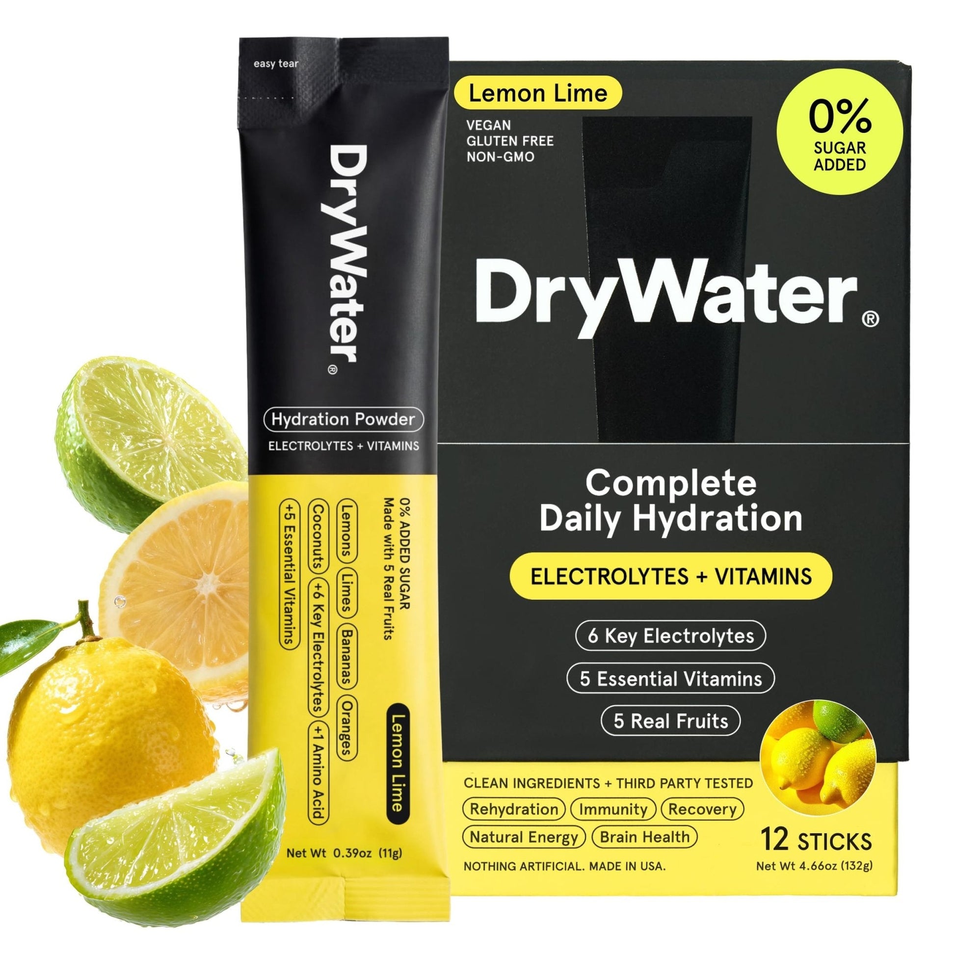 DryWater Electrolyte Powder Packets, Lemon Lime - Hydration Packets Drink Mix with Zero Added Sugar for Rehydration & Energy - 6 Key Electrolytes - Maple Wellness Supplements
