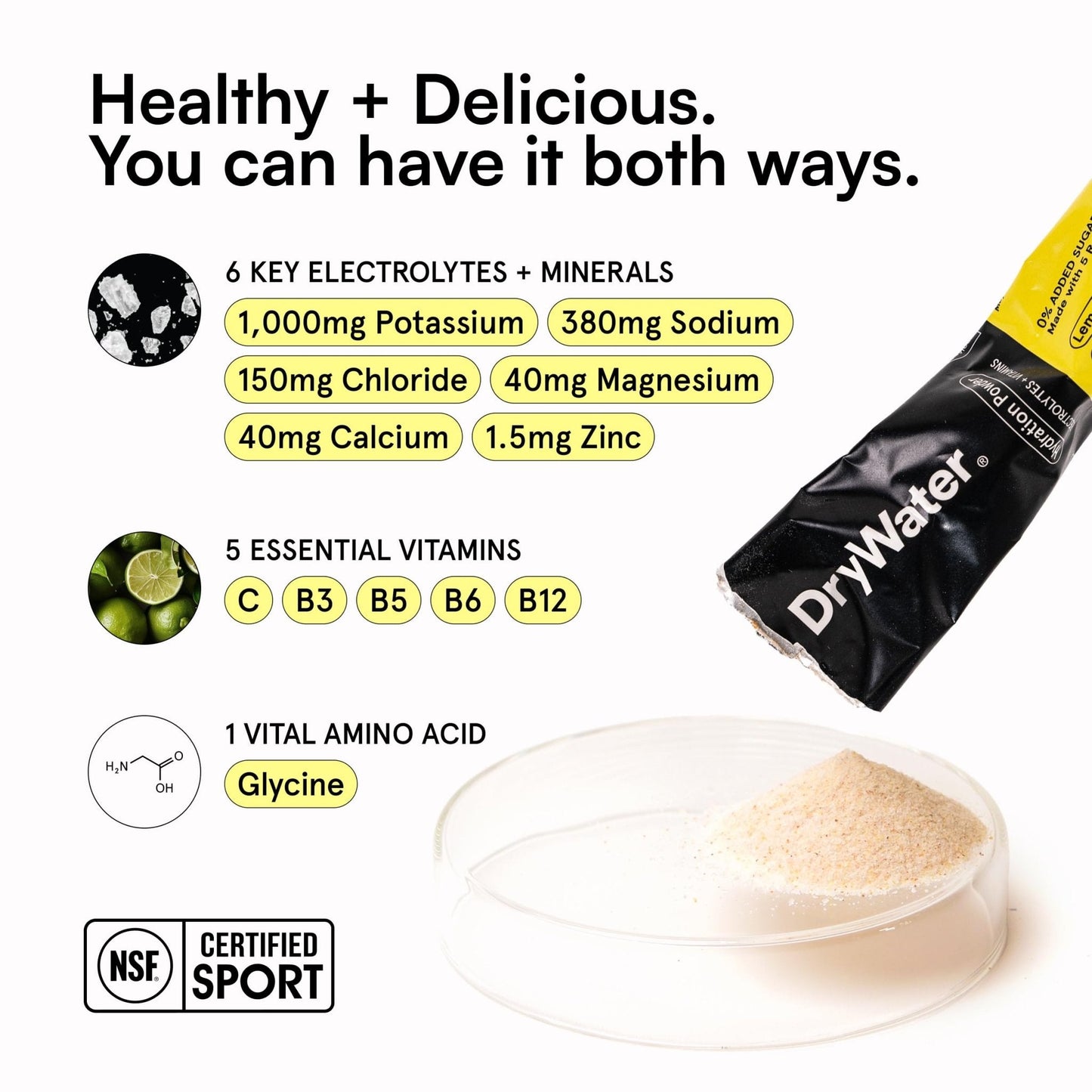 DryWater Electrolyte Powder Packets, Lemon Lime - Hydration Packets Drink Mix with Zero Added Sugar for Rehydration & Energy - 6 Key Electrolytes - Maple Wellness Supplements