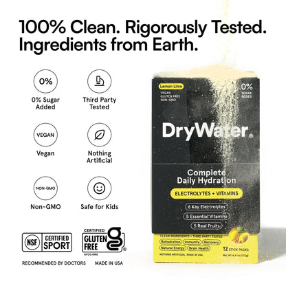 DryWater Electrolyte Powder Packets, Lemon Lime - Hydration Packets Drink Mix with Zero Added Sugar for Rehydration & Energy - 6 Key Electrolytes - Maple Wellness Supplements