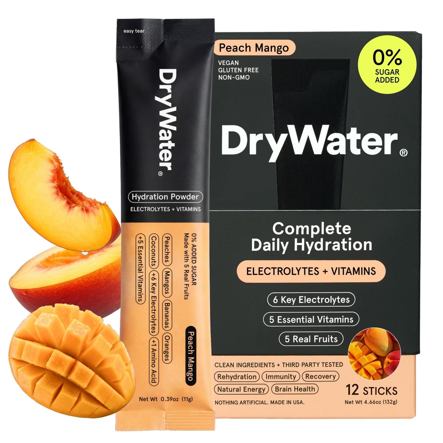DryWater Electrolyte Powder Packets, Peach Mango - Hydration Packets Drink Mix with Zero Added Sugar for Rehydration & Energy - 6 Key Electrolytes - Maple Wellness Supplements
