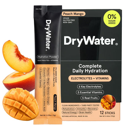 DryWater Electrolyte Powder Packets, Peach Mango - Hydration Packets Drink Mix with Zero Added Sugar for Rehydration & Energy - 6 Key Electrolytes - Maple Wellness Supplements