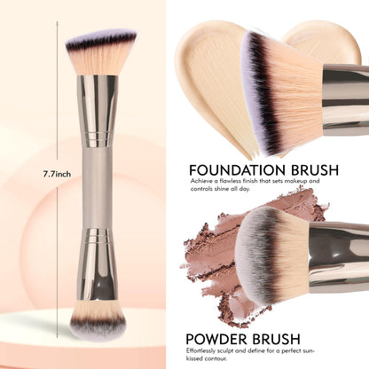 Dual-Ended Foundation Brush: Round & Angled Pro-Grade makeup brushes, 100% Vegan Synthetic Makeup Brush for Flawless Blending and Application of Liquid, Powder, Cream, Blush - Maple Wellness Supplements