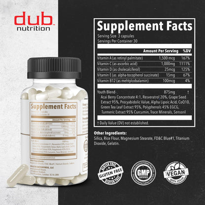 Dub Nutrition Youth - Formula with Acai, Resveratrol, Curcumin, Vitamins A, C, D, E, B12, and CoQ10 - Supports Immunity and Mobility - 90 Capsules - Maple Wellness Supplements