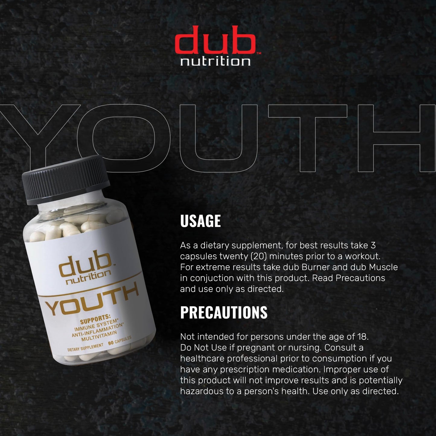 Dub Nutrition Youth - Formula with Acai, Resveratrol, Curcumin, Vitamins A, C, D, E, B12, and CoQ10 - Supports Immunity and Mobility - 90 Capsules - Maple Wellness Supplements