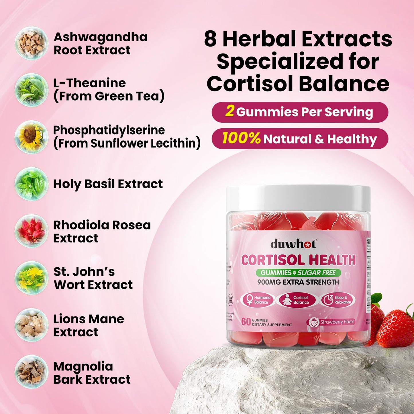 duwhot Cortisol Gummies, 15 in 1 Lower Cortisol Supplements for Women, w. Ashwagandha, Magnesium, Phosphatidylserine, Folate for Hormone Balance, Mood, Focus, Sleep Support, Sugar Free, Vegan, 60 - Maple Wellness Supplements