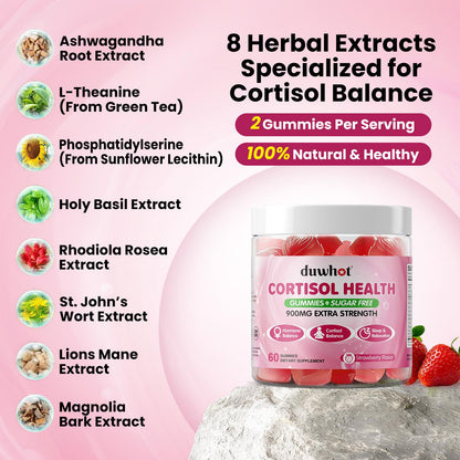 duwhot Cortisol Gummies, 15 in 1 Lower Cortisol Supplements for Women, w. Ashwagandha, Magnesium, Phosphatidylserine, Folate for Hormone Balance, Mood, Focus, Sleep Support, Sugar Free, Vegan, 60 - Maple Wellness Supplements