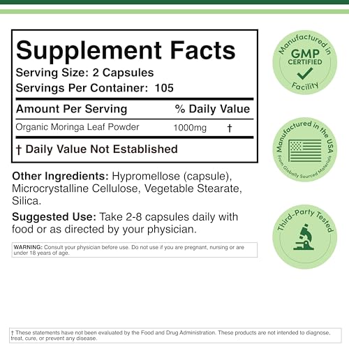 DWS Organic Moringa Capsules 1000mg - Pure Moringa Powder for Energy & Immune Support - Green Superfood Rich in Antioxidants - Maple Wellness Supplements