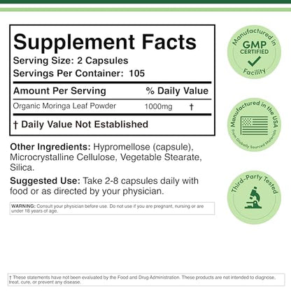 DWS Organic Moringa Capsules 1000mg - Pure Moringa Powder for Energy & Immune Support - Green Superfood Rich in Antioxidants - Maple Wellness Supplements