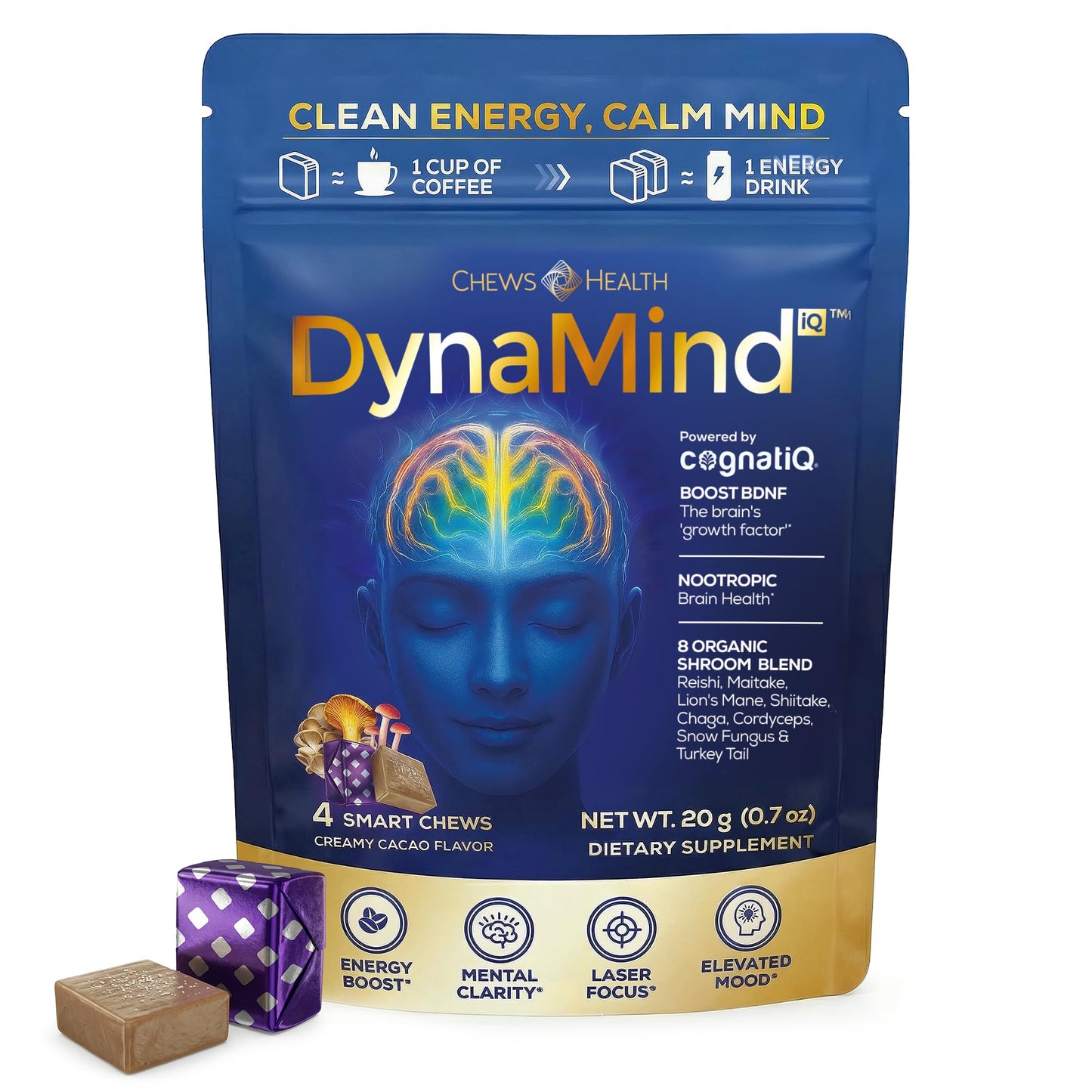 DynaMind iQ Brain Supplement for Memory and Focus for Adults - Nootropic Chews | Coffee Fruit & Mushroom Supplement Blend, Memory Focus Supplement, Caffeine Focus Pills Alternative, 4 Count - Maple Wellness Supplements
