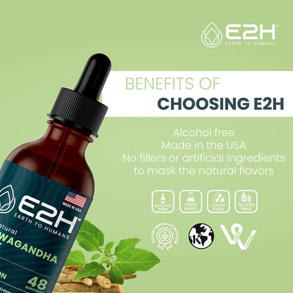 E2H Ashwagandha Liquid Drops - All-Natural Ashwagandha Supplement for Stress Relief and Mood Enhancer- Organic Ashwagandha Root Extract Effective Cortisol Manager | Non-GMO, Vegan | 2 Fl Oz - Maple Wellness Supplements
