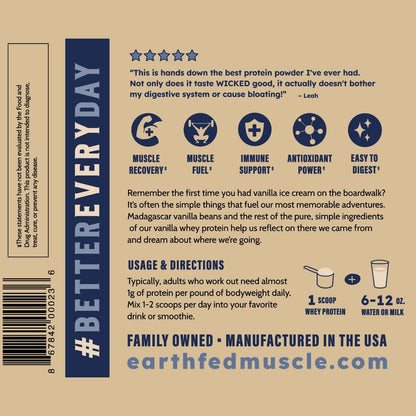 Earth Fed Muscle Whey Back Irish Grass Fed Whey Protein Isolate, Third-Party Certified. 25g Protein, Vanilla - Non-GMO, Hormone Free, Soy Free, Gluten Free - 2 LB, 29 Servings - Maple Wellness Supplements