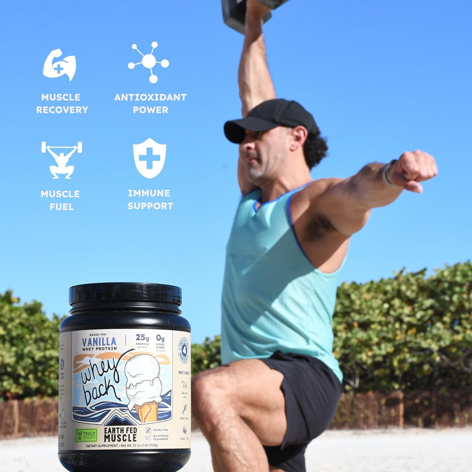 Earth Fed Muscle Whey Back Irish Grass Fed Whey Protein Isolate, Third-Party Certified. 25g Protein, Vanilla - Non-GMO, Hormone Free, Soy Free, Gluten Free - 2 LB, 29 Servings - Maple Wellness Supplements