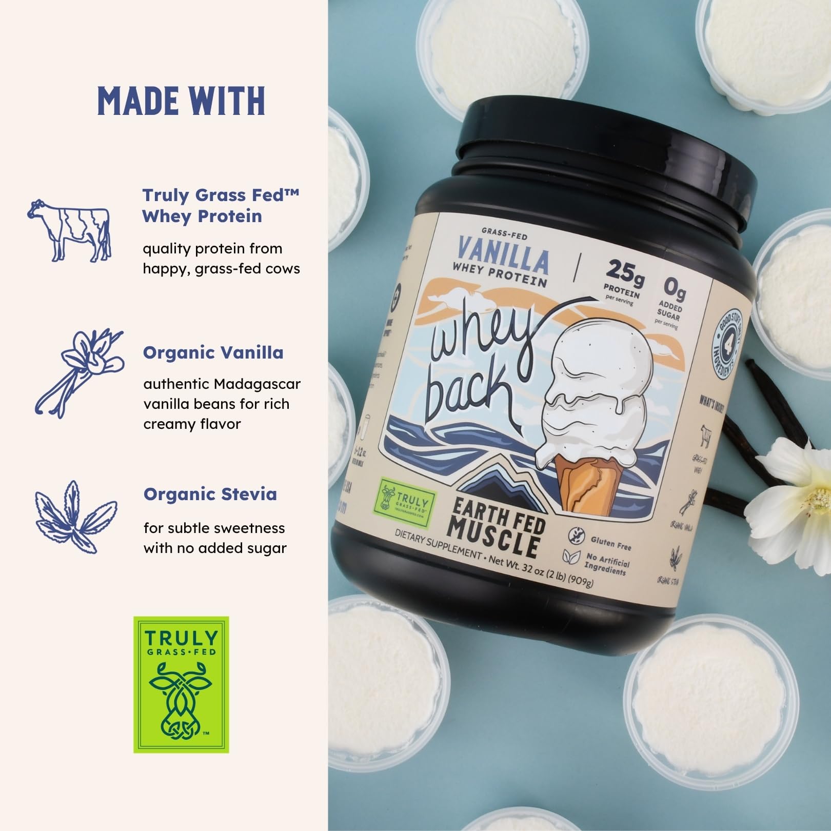 Earth Fed Muscle Whey Back Irish Grass Fed Whey Protein Isolate, Third-Party Certified. 25g Protein, Vanilla - Non-GMO, Hormone Free, Soy Free, Gluten Free - 2 LB, 29 Servings - Maple Wellness Supplements