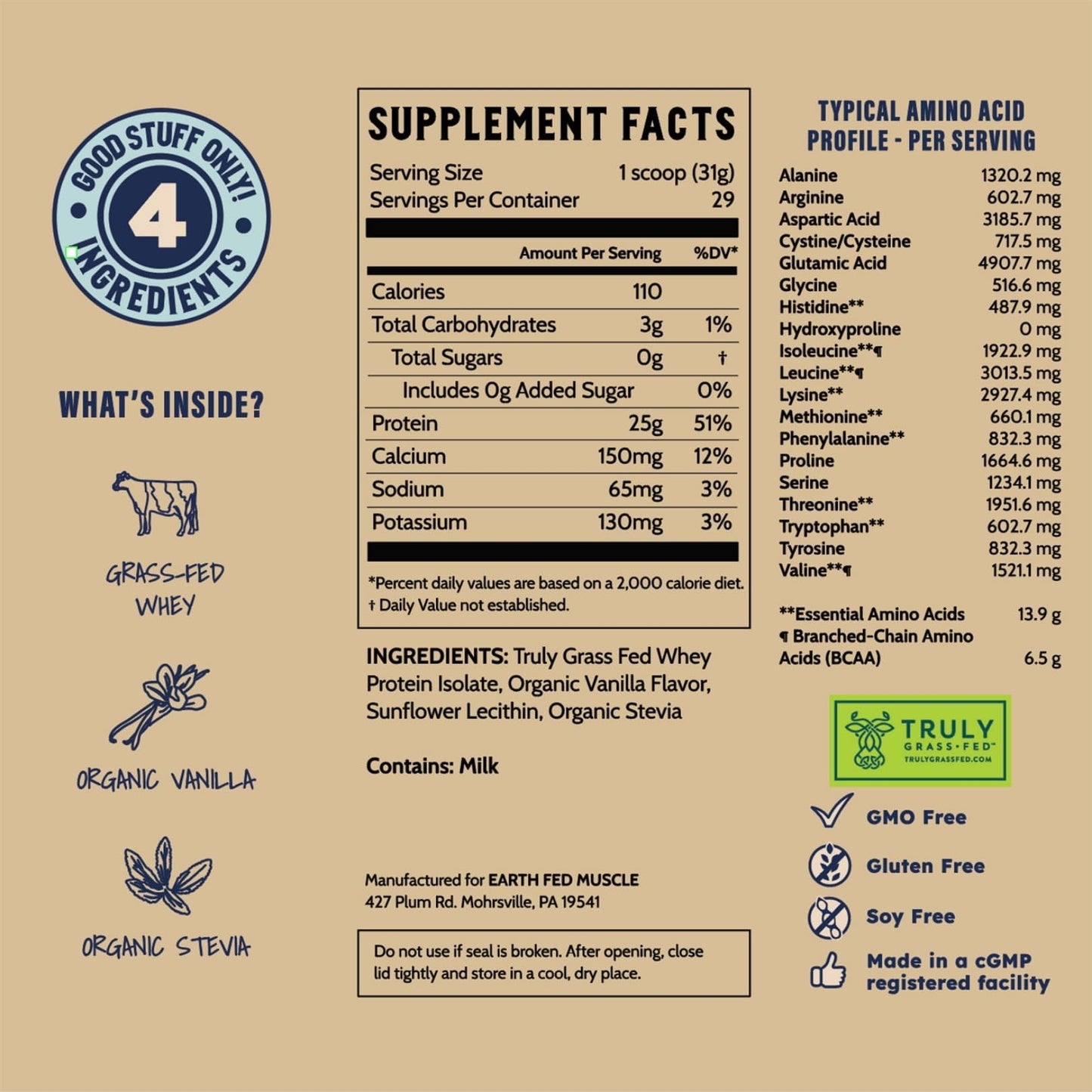 Earth Fed Muscle Whey Back Irish Grass Fed Whey Protein Isolate, Third-Party Certified. 25g Protein, Vanilla - Non-GMO, Hormone Free, Soy Free, Gluten Free - 2 LB, 29 Servings - Maple Wellness Supplements