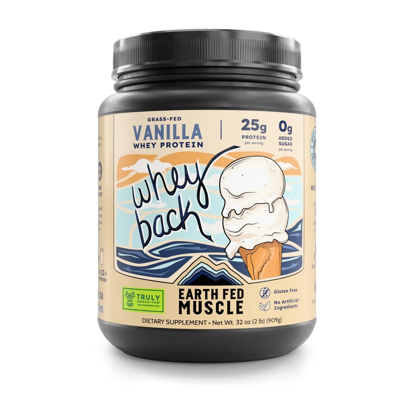 Earth Fed Muscle Whey Back Irish Grass Fed Whey Protein Isolate, Third-Party Certified. 25g Protein, Vanilla - Non-GMO, Hormone Free, Soy Free, Gluten Free - 2 LB, 29 Servings - Maple Wellness Supplements