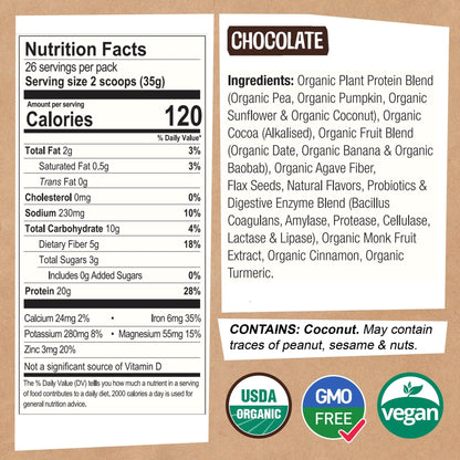 EarthChimp Organic Vegan Protein Powder - with Probiotics - Non GMO, Dairy Free - Maple Wellness Supplements
