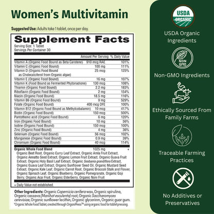 EarthFirst Organic Women’s Multi Once Daily, Women's Multivitamin, Iron, Vitamin B12 & More, 19 Vitamins from Herbs & Superfoods, 30 Count - Maple Wellness Supplements