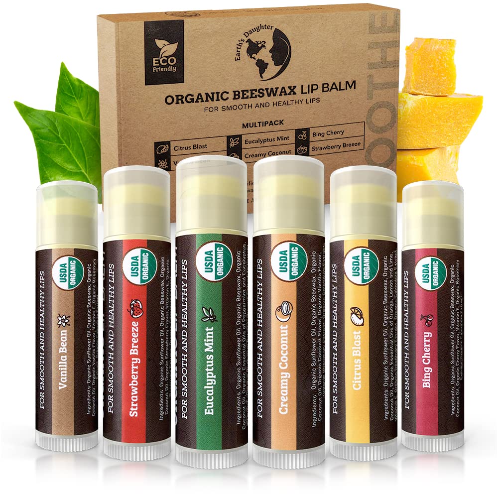 Earth's Daughter USDA Organic Lip Balm 6-Pack - Fruit Flavors, Beeswax, Coconut Oil, Vitamin E - Best Lip Repair - Maple Wellness Supplements