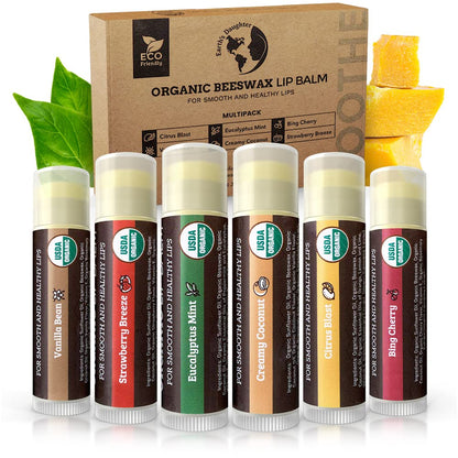 Earth's Daughter USDA Organic Lip Balm 6-Pack - Fruit Flavors, Beeswax, Coconut Oil, Vitamin E - Best Lip Repair - Maple Wellness Supplements