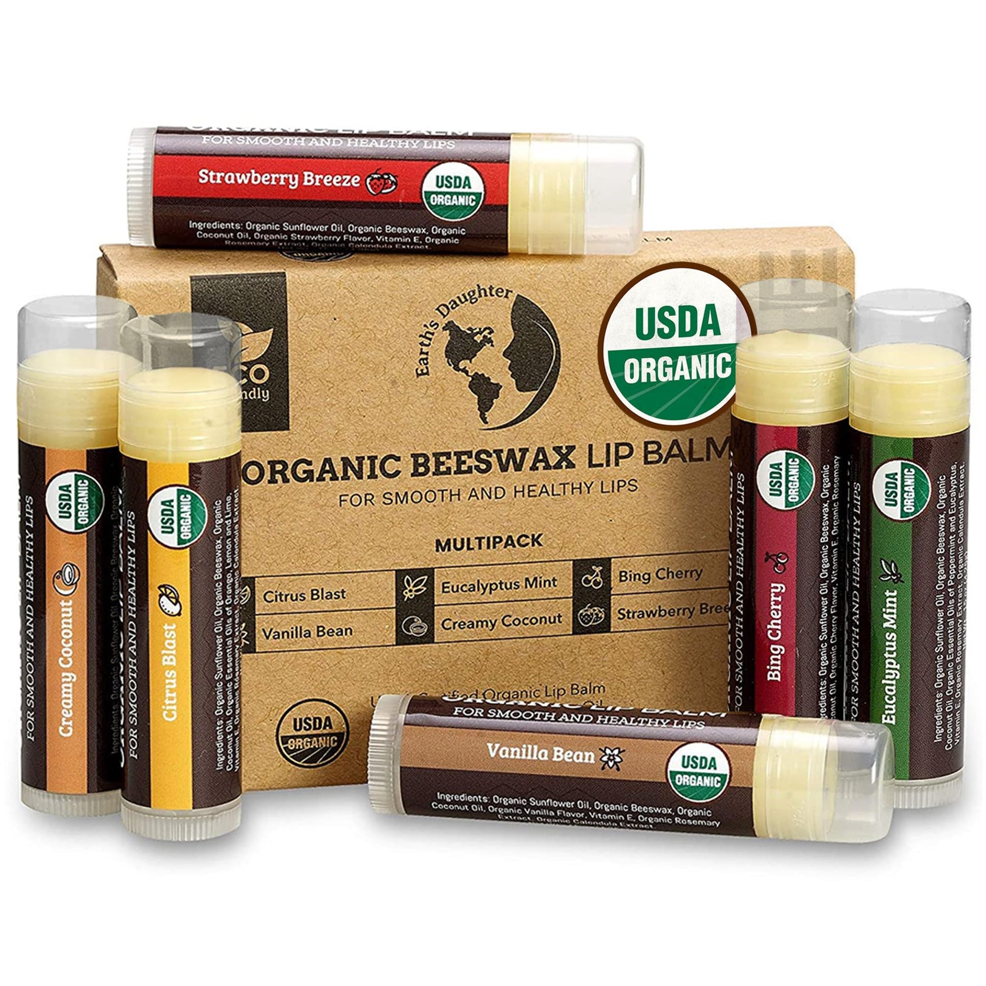 Earth's Daughter USDA Organic Lip Balm 6-Pack - Fruit Flavors, Beeswax, Coconut Oil, Vitamin E - Best Lip Repair - Maple Wellness Supplements